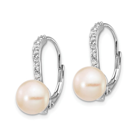 Sterling Silver Leverback Earrings with Freshwater Cultured Pearls and Cubic Zirconia Accents