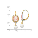 Sterling Silver Drop Earrings with Simulated Pearl, Cubic Zirconia, Pink Cameo, Victorian Style
