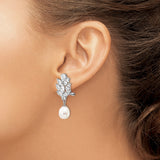 Sterling Silver Drop Earrings with Cubic Zirconia Floral Cluster and Pearl Dangle