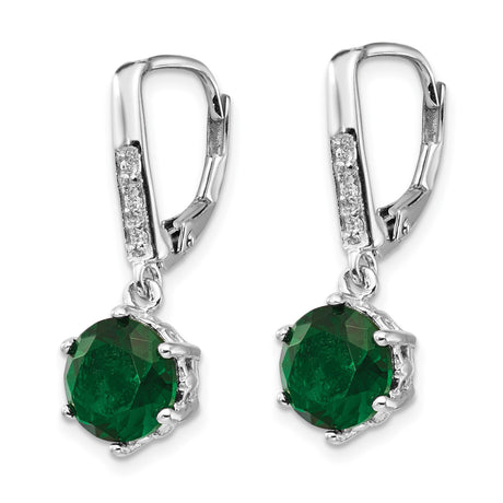 Sterling Silver Drop Earrings with Round Green Cubic Zirconia and Glass Accents, Leverback Design