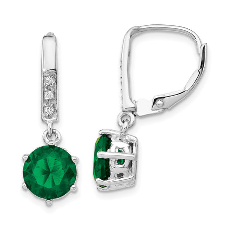 Sterling Silver Drop Earrings with Round Green Cubic Zirconia and Glass Accents, Leverback Design