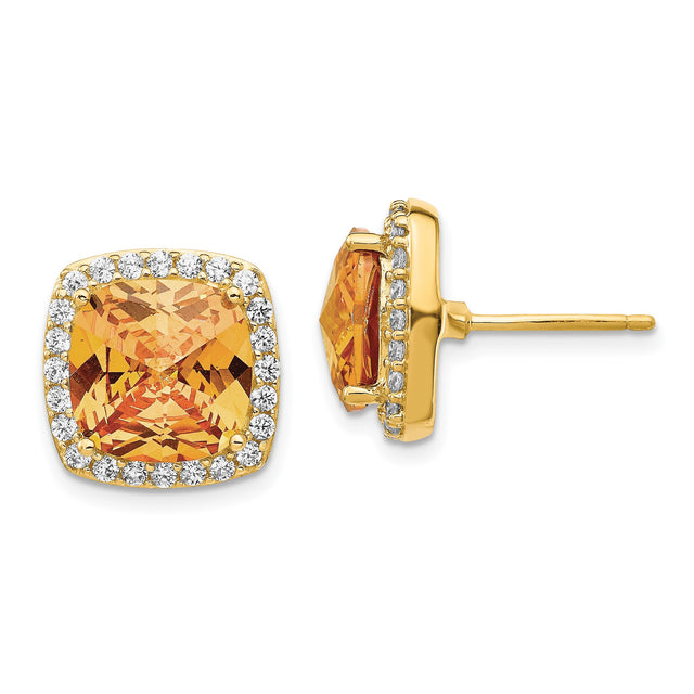 Sterling Silver Stud Earrings with Cushion Cut Citrine and Cubic Zirconia Halo