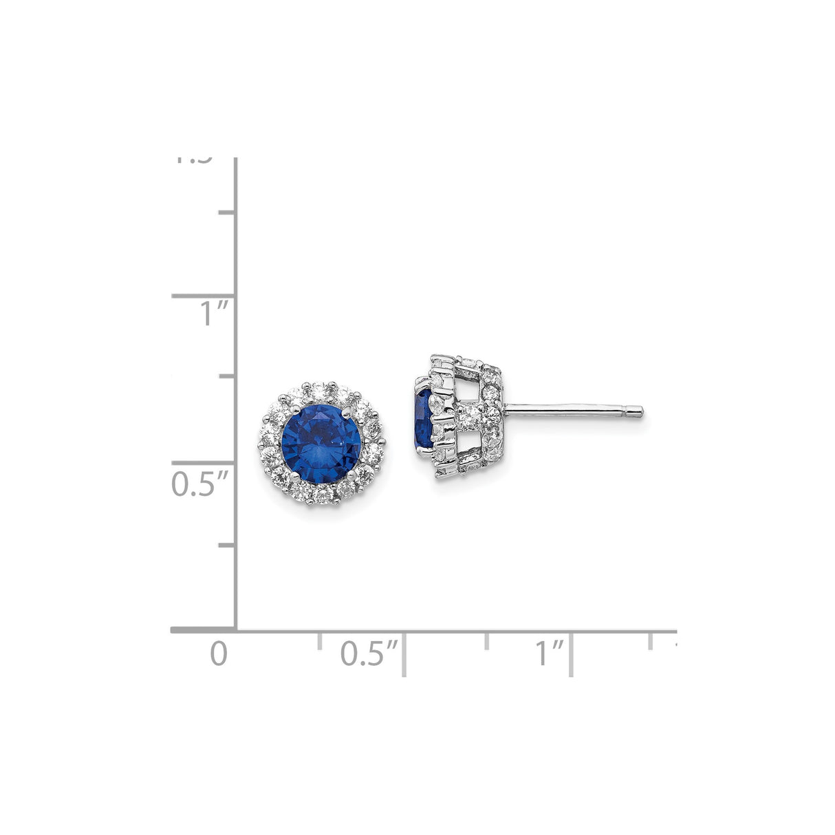 Sterling Silver Stud Earrings with Round Blue Spinel and Cubic Zirconia Halo