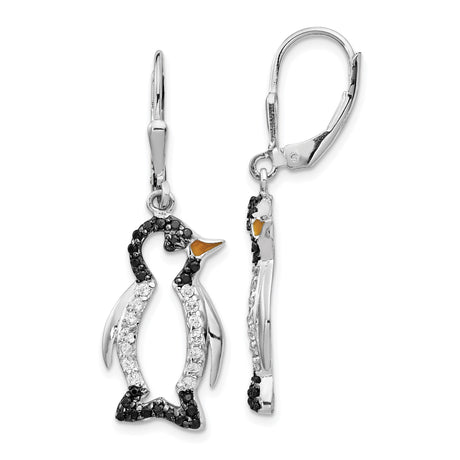 Sterling Silver Penguin Dangle Earrings with Cubic Zirconia, Leverback Drop Animal Design