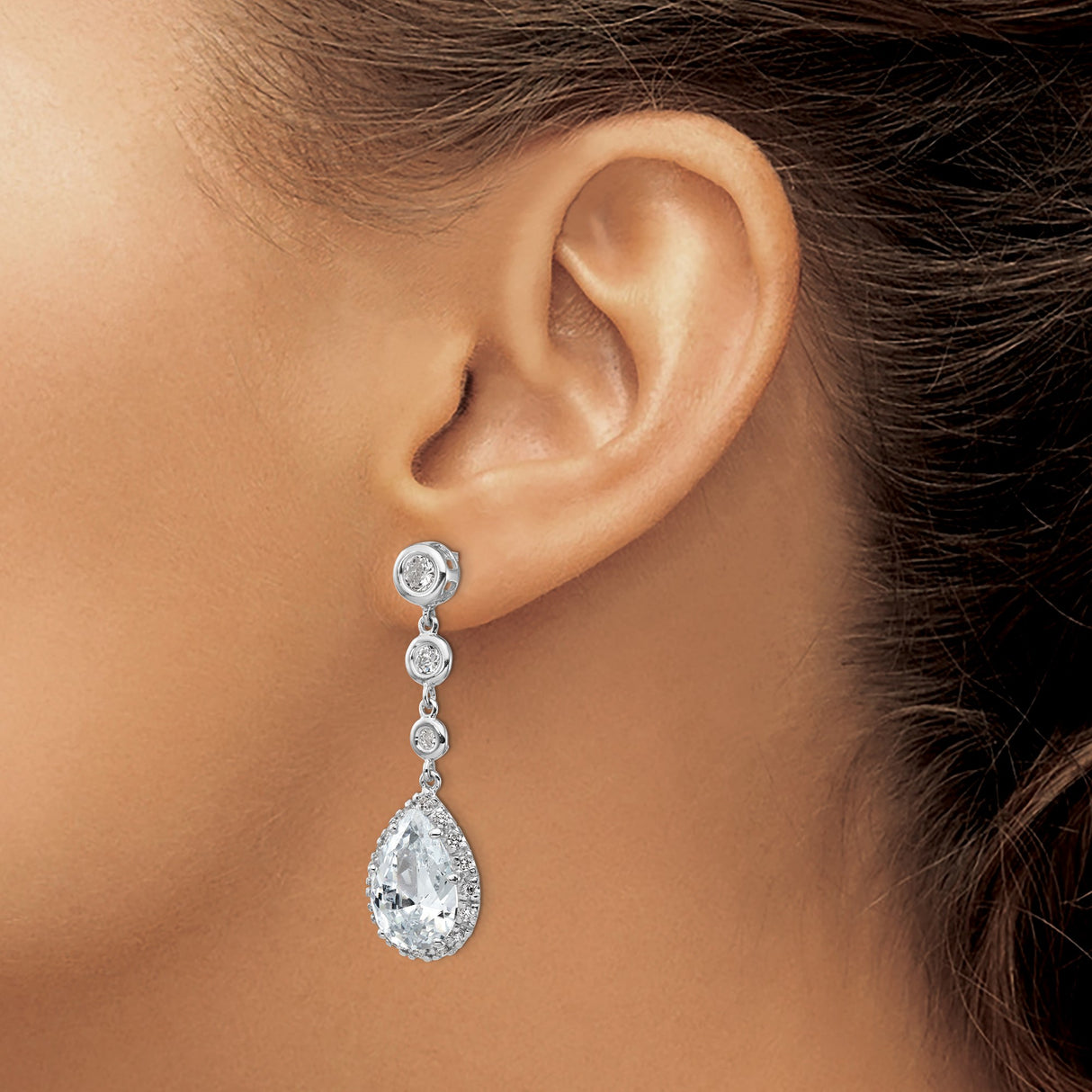 Sterling Silver Teardrop Dangle Earrings with Cubic Zirconia and Round Bezel Accents