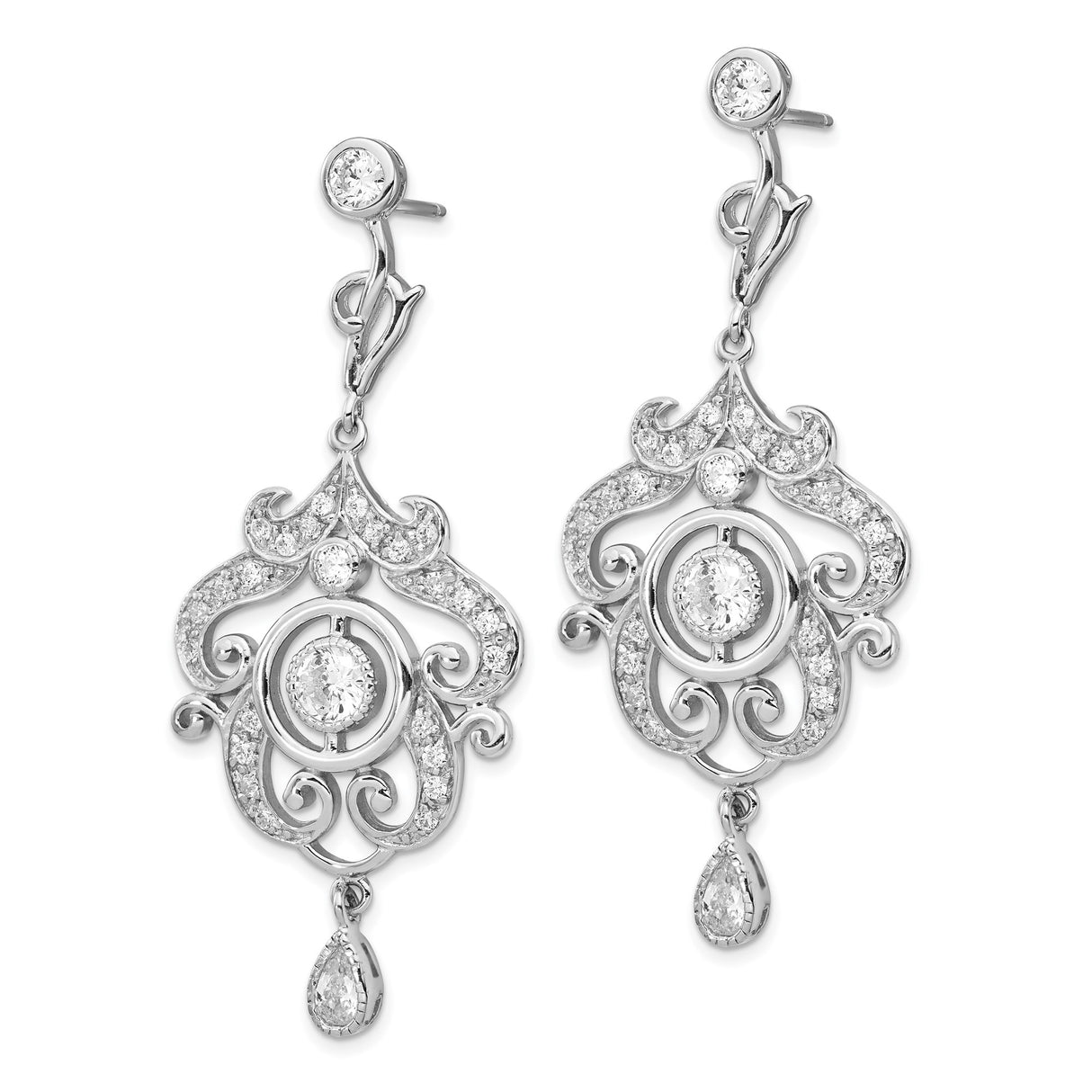 Sterling Silver Dangle Earrings with Cubic Zirconia, Vintage Filigree Teardrop Scrollwork Design