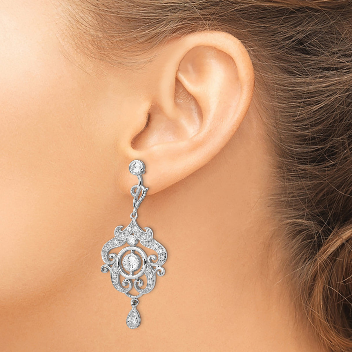 Sterling Silver Dangle Earrings with Cubic Zirconia, Vintage Filigree Teardrop Scrollwork Design
