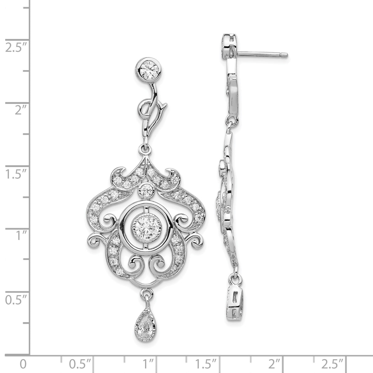 Sterling Silver Dangle Earrings with Cubic Zirconia, Vintage Filigree Teardrop Scrollwork Design