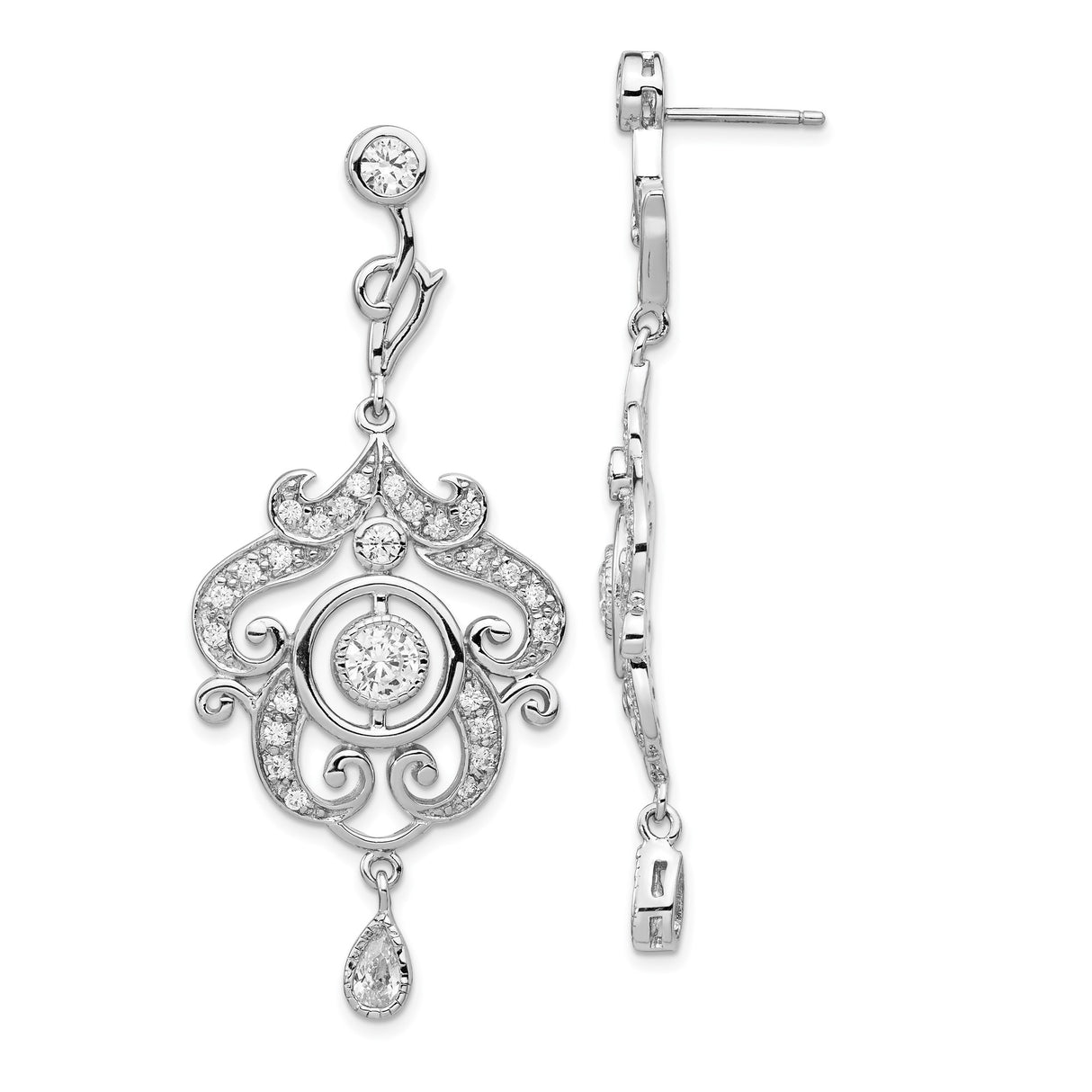 Sterling Silver Dangle Earrings with Cubic Zirconia, Vintage Filigree Teardrop Scrollwork Design