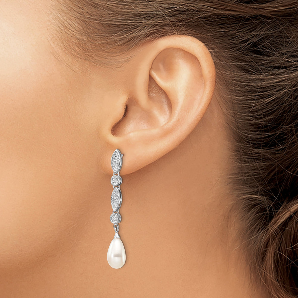 Sterling Silver Drop Earrings with Freshwater Pearls and Cubic Zirconia, Vintage Style