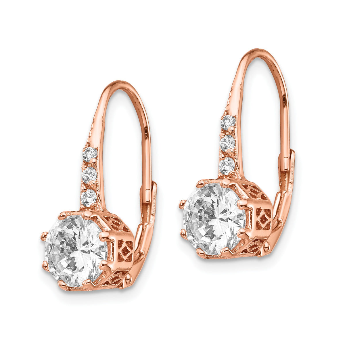 Sterling Silver Drop Earrings with Cubic Zirconia, Rose Gold-Plated Filigree Leverback Design