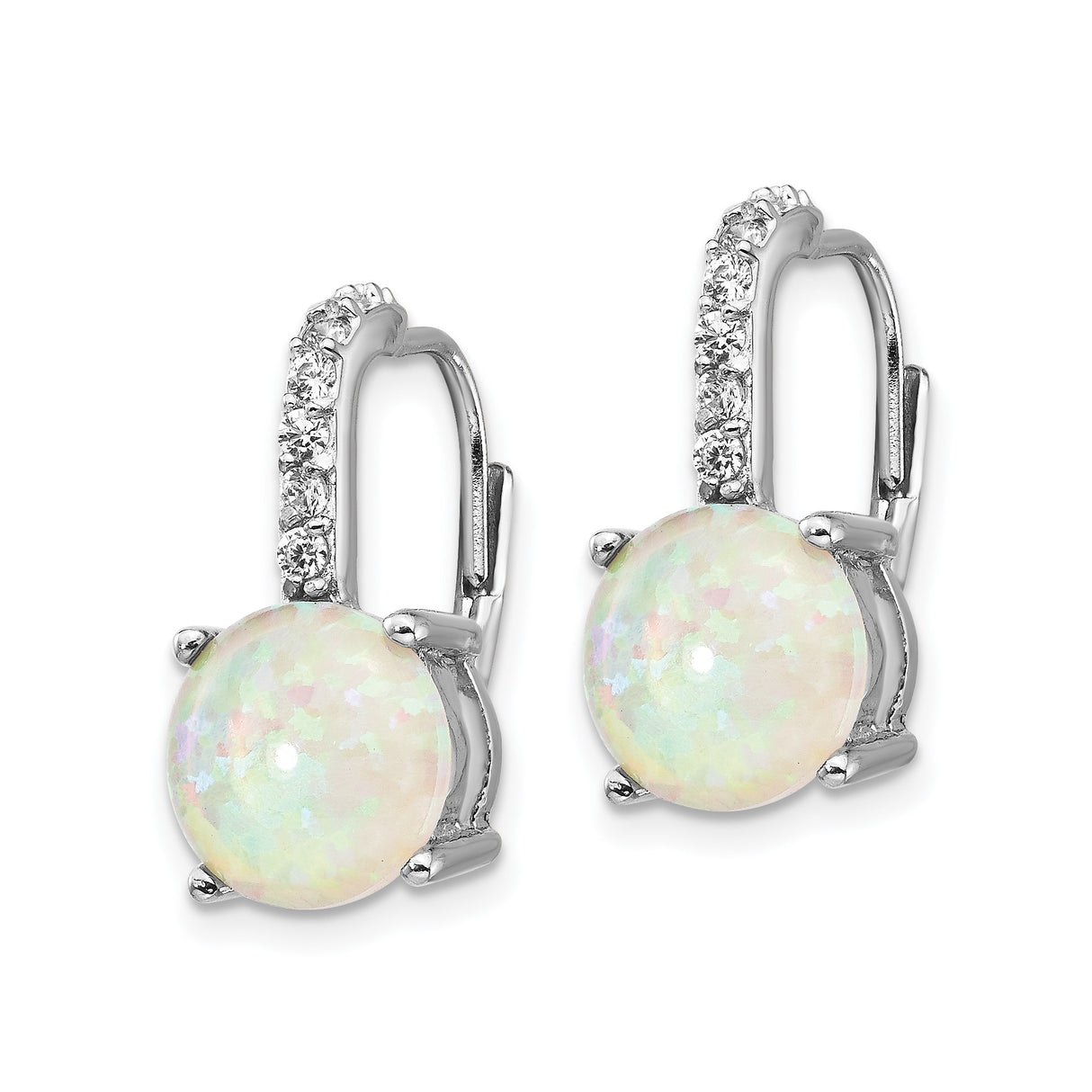 Sterling Silver Leverback Drop Earrings with Lab Created Opal and Cubic Zirconia Accents