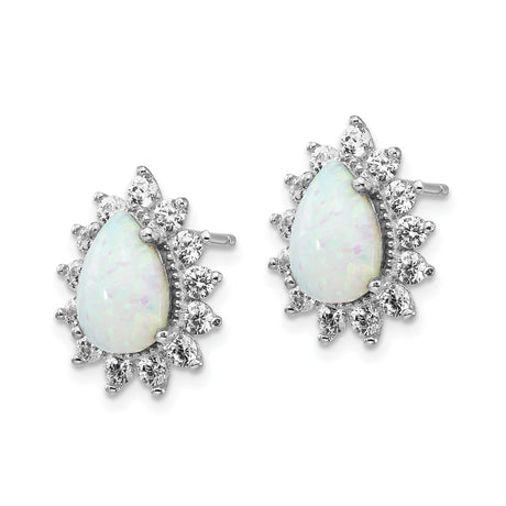 Sterling Silver Teardrop Opal Stud Earrings Floral Halo CZ