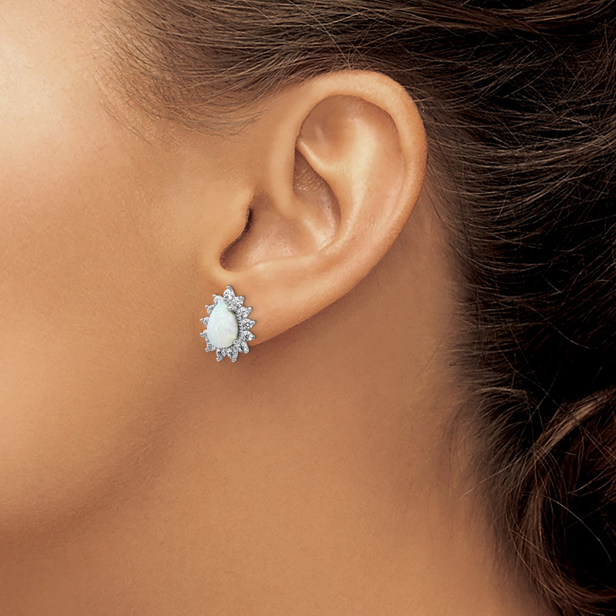 Sterling Silver Teardrop Opal Stud Earrings Floral Halo CZ