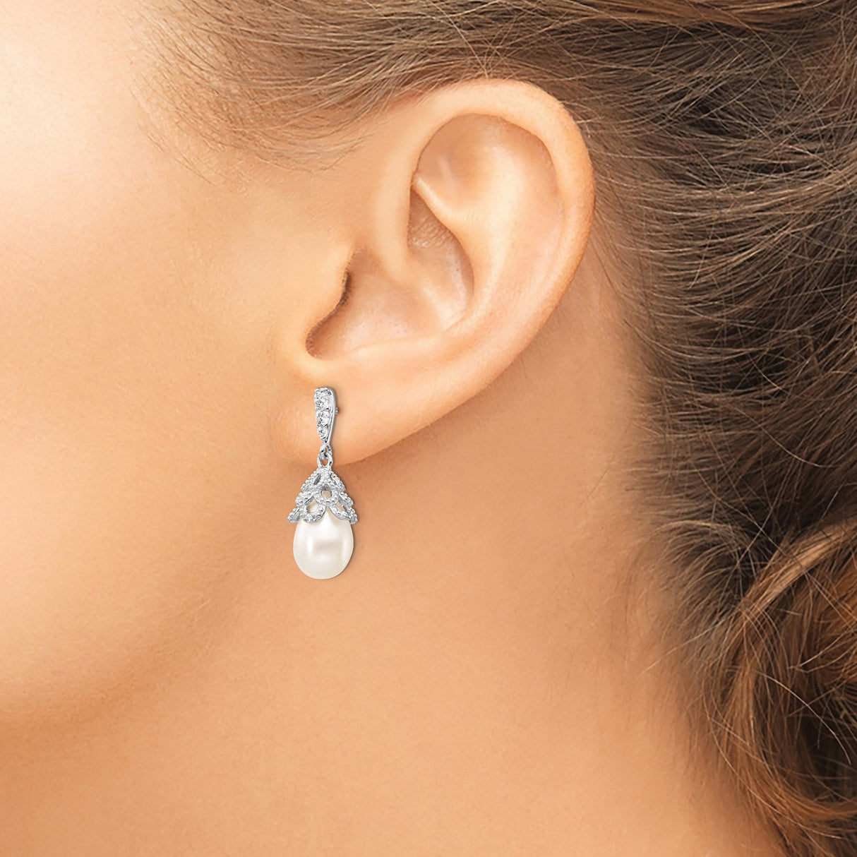 Sterling Silver Drop Earrings with Teardrop Pearls and Cubic Zirconia Filigree Design