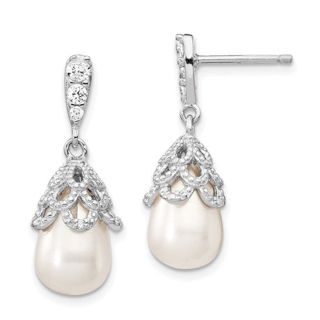 Sterling Silver Drop Earrings with Teardrop Pearls and Cubic Zirconia Filigree Design
