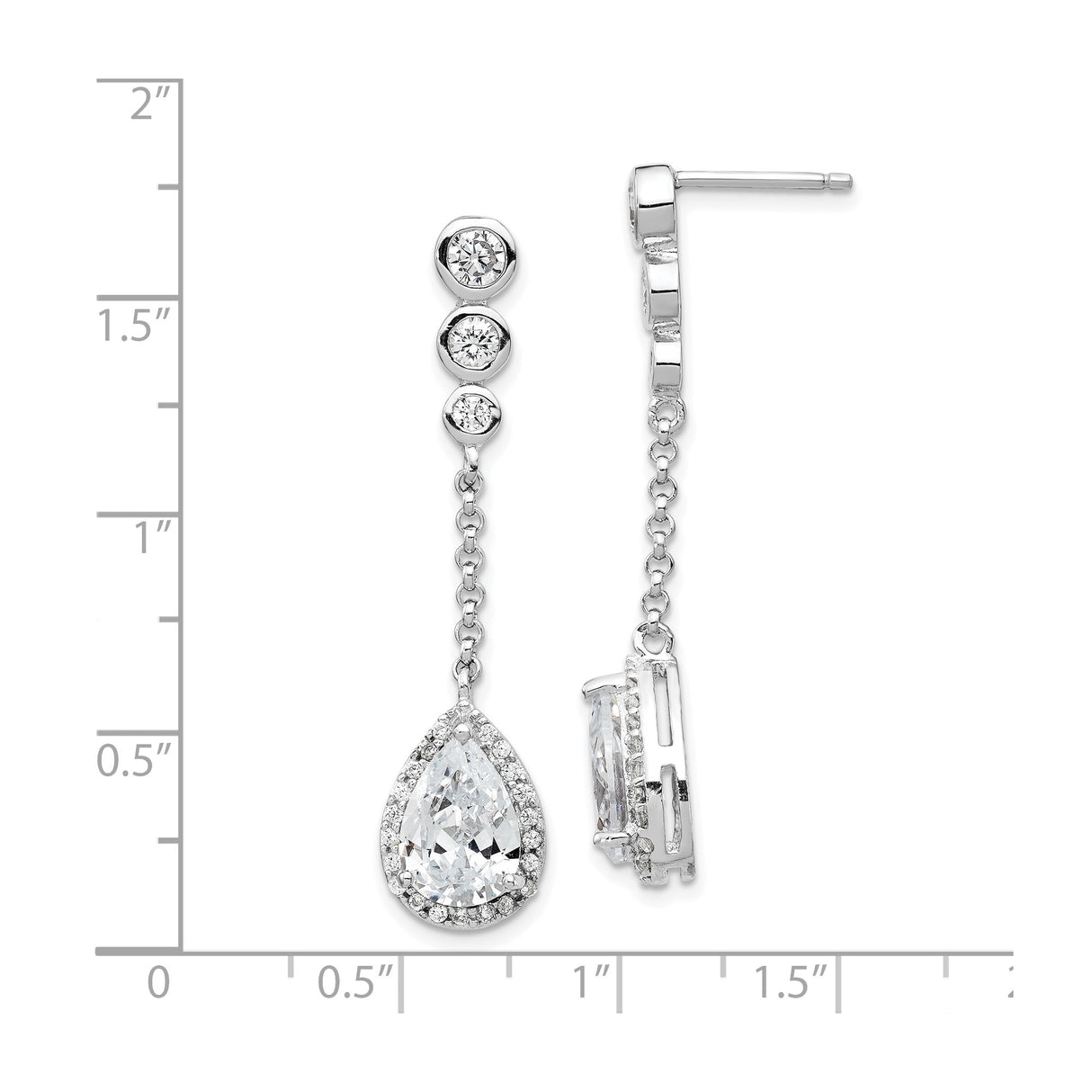 Sterling Silver Dangle Earrings with Three Bezel-Set Cubic Zirconia and Teardrop Halo Design