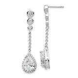 Sterling Silver Dangle Earrings with Three Bezel-Set Cubic Zirconia and Teardrop Halo Design
