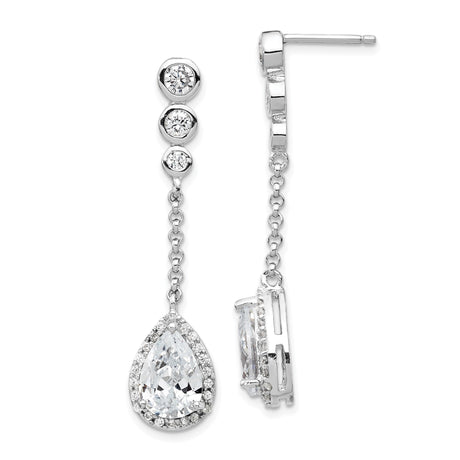 Sterling Silver Dangle Earrings with Three Bezel-Set Cubic Zirconia and Teardrop Halo Design
