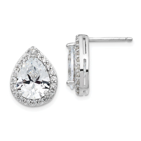 Sterling Silver Teardrop Stud Earrings for Women with Pear Shaped Cubic Zirconia Center and Halo Design, Elegant Formal Sparkle Studs for Evening Wear, Bridal Style Non Dangle Silver Earrings