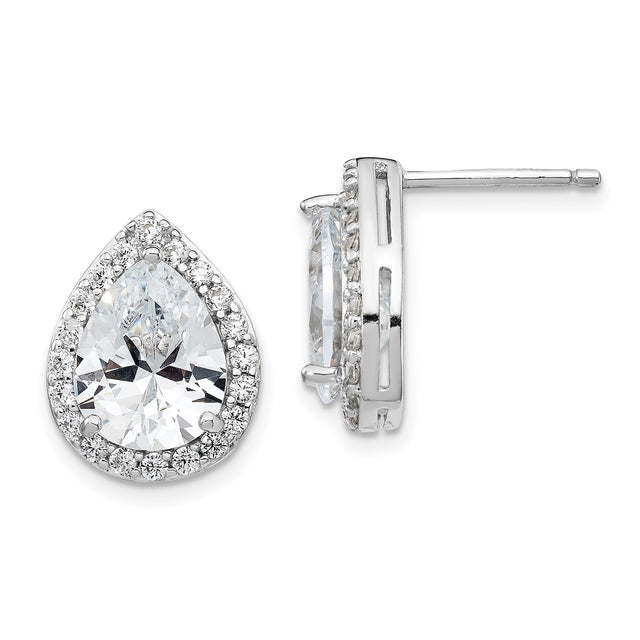 Sterling Silver Teardrop Stud Earrings for Women with Pear Shaped Cubic Zirconia Center and Halo Design, Elegant Formal Sparkle Studs for Evening Wear, Bridal Style Non Dangle Silver Earrings