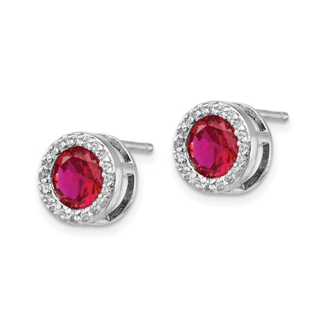 Sterling Silver Ruby Halo Stud Earrings Red Gemstone CZ