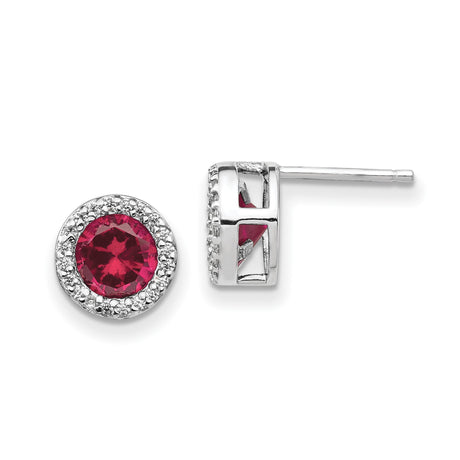 Womens Sterling Silver Ruby Stud Earrings with Halo Setting, Round Red Gemstone Surrounded by White CZ Stones, Timeless Sparkling Studs for Everyday Wear, Classic Red Crystal Silver Jewelry
