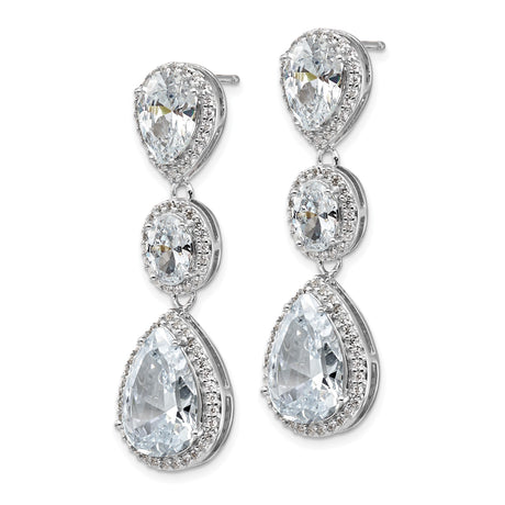 Sterling Silver Drop Earrings with Triple Tiered Teardrop and Oval Cubic Zirconia Halo Design