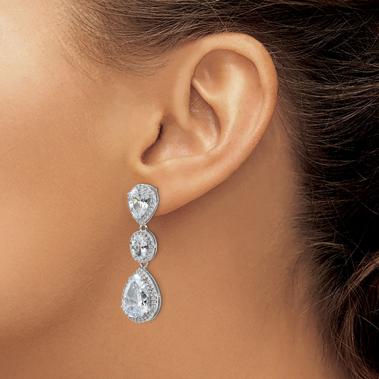 Sterling Silver Drop Earrings with Triple Tiered Teardrop and Oval Cubic Zirconia Halo Design