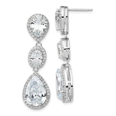 Sterling Silver Drop Earrings with Triple Tiered Teardrop and Oval Cubic Zirconia Halo Design