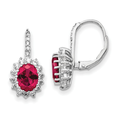 Sterling Silver Dangle Earrings with Created Ruby and Cubic Zirconia Halo Floral Design