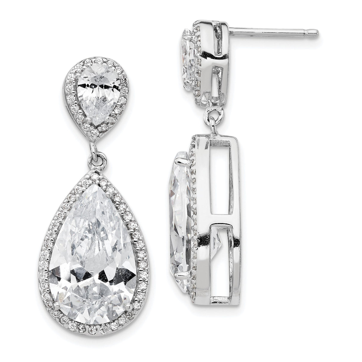 Sterling Silver Drop Earrings with Double Pear-Shaped Cubic Zirconia and Pavé Accents