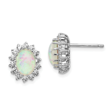 Sterling Silver Opal Stud Earrings with Cubic Zirconia Halo and Floral Design