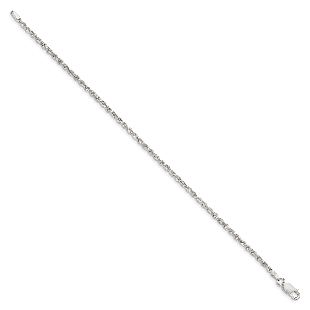 925 White Gold 2.25 mm Rope Chain Anklet, Polished