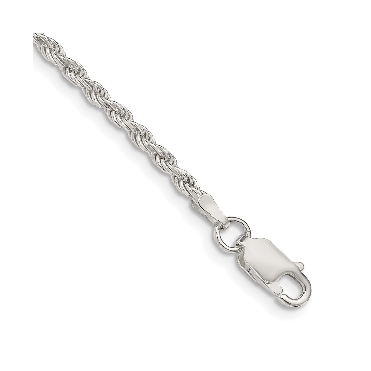 925 White Gold 2.25 mm Rope Chain Anklet, Polished shown for scale
