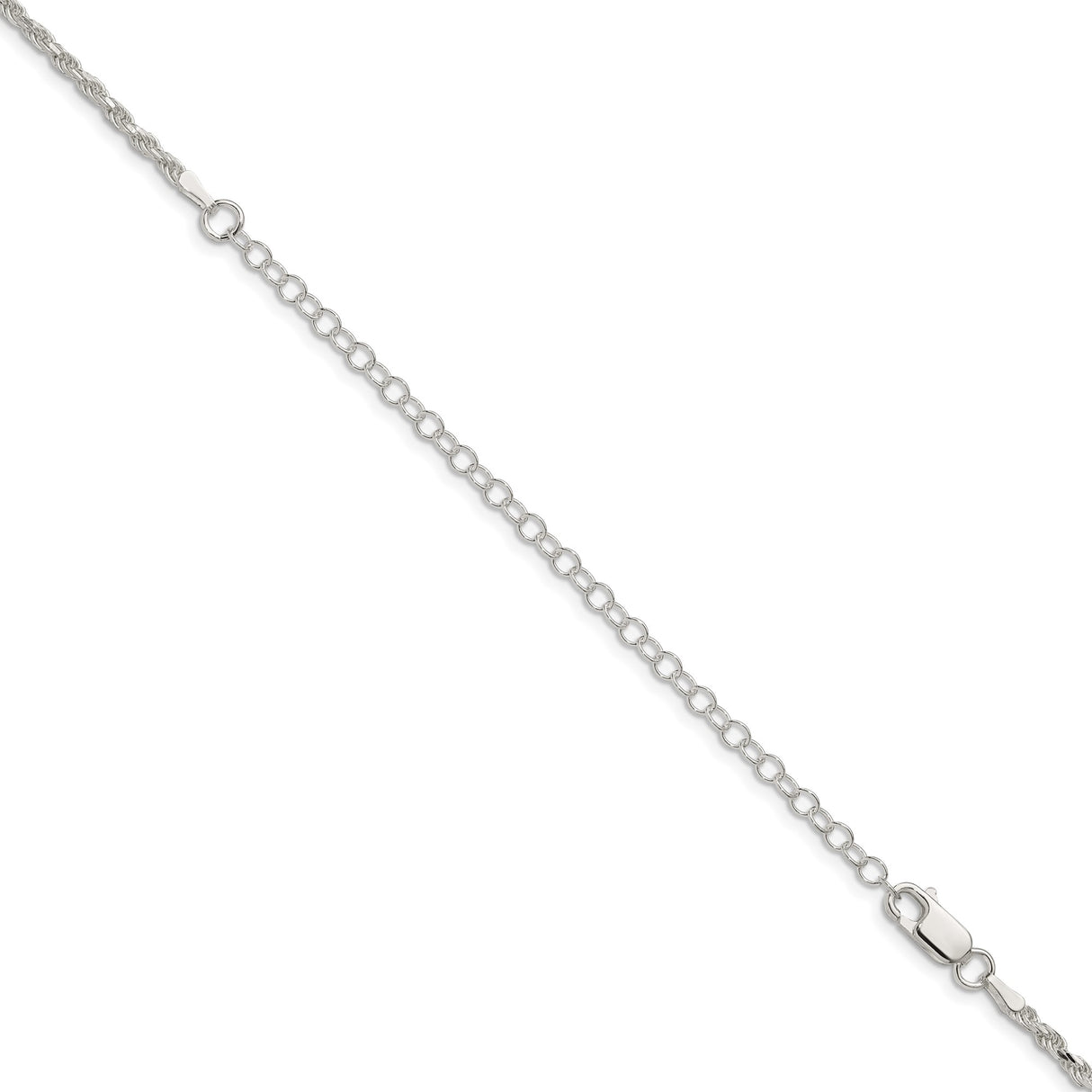 925 White Gold 2.25 mm Rope Chain Necklace, Polished detail view