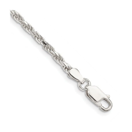 925 White Gold 2.5 mm Rope Chain Anklet, Polished shown for scale
