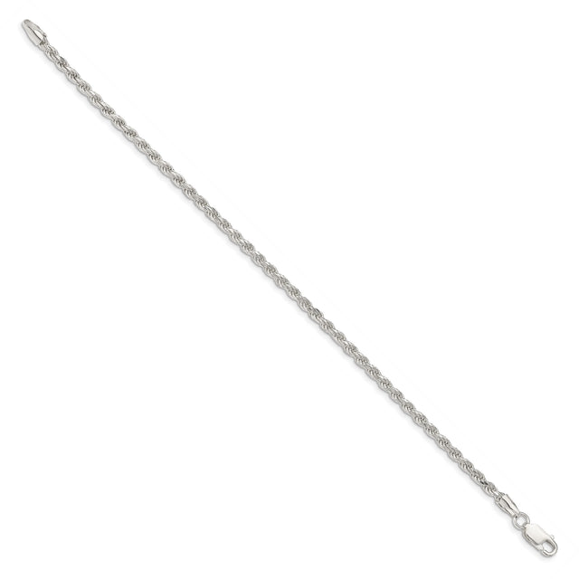925 White Gold 2.75 mm Rope Chain Anklet, Polished