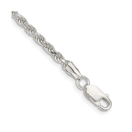 925 White Gold 2.75 mm Rope Chain Anklet, Polished shown for scale