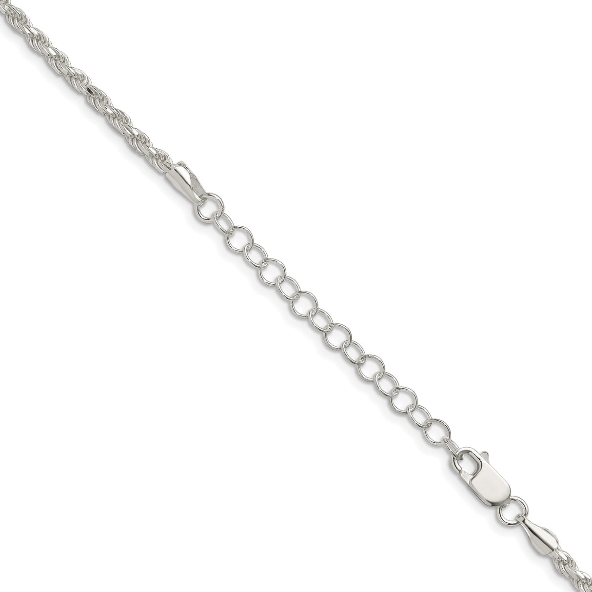 925 White Gold 2.75 mm Rope Chain Necklace, Polished detail view