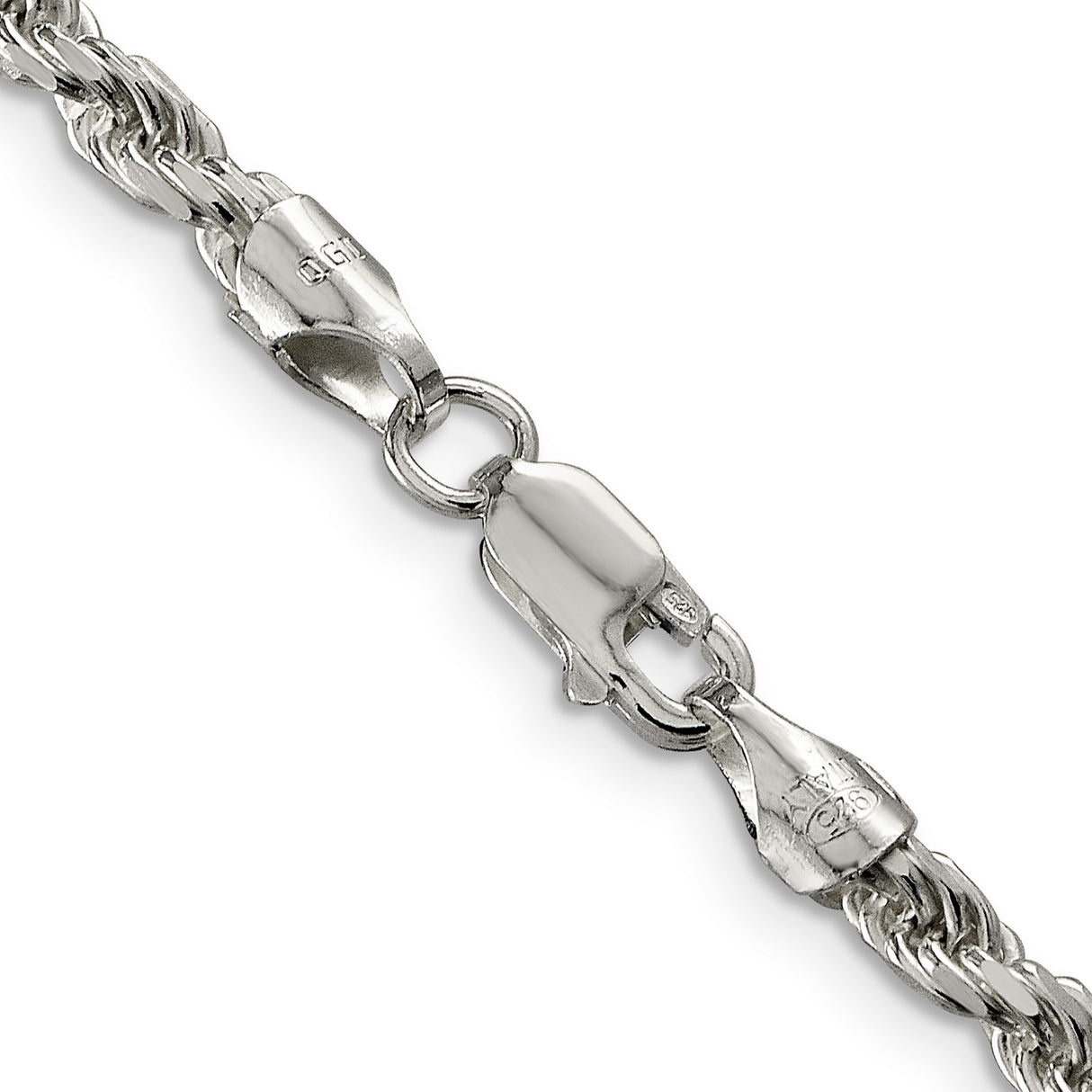 925 White Gold 3.75 mm Rope Chain Necklace, Polished alternate angle