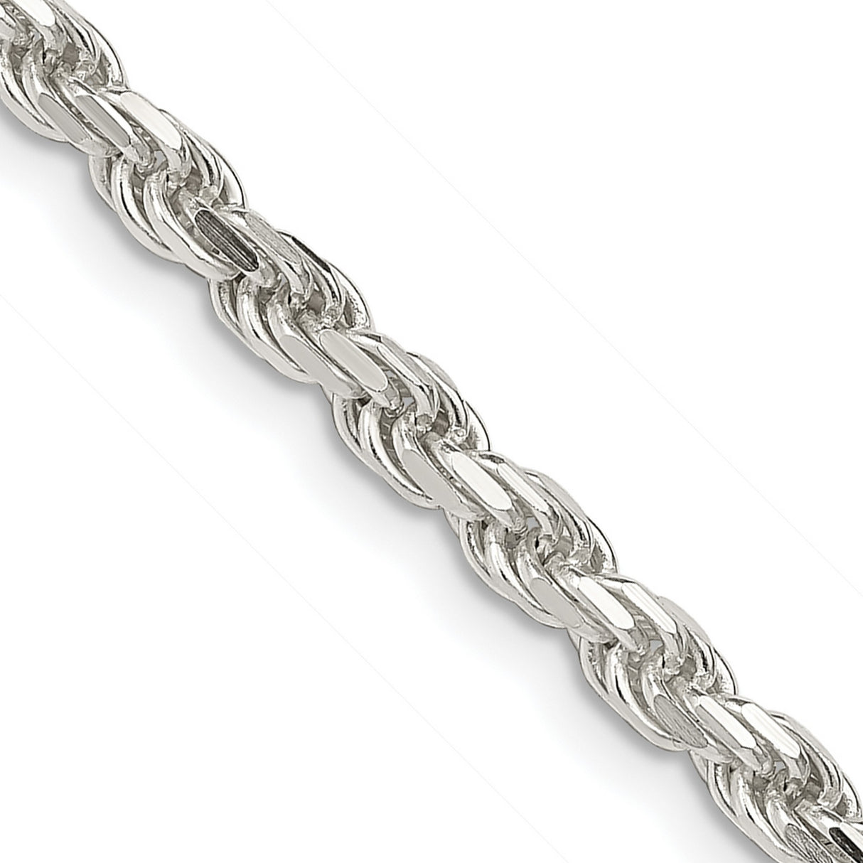 925 White Gold 3.75 mm Rope Chain Necklace, Polished detail view