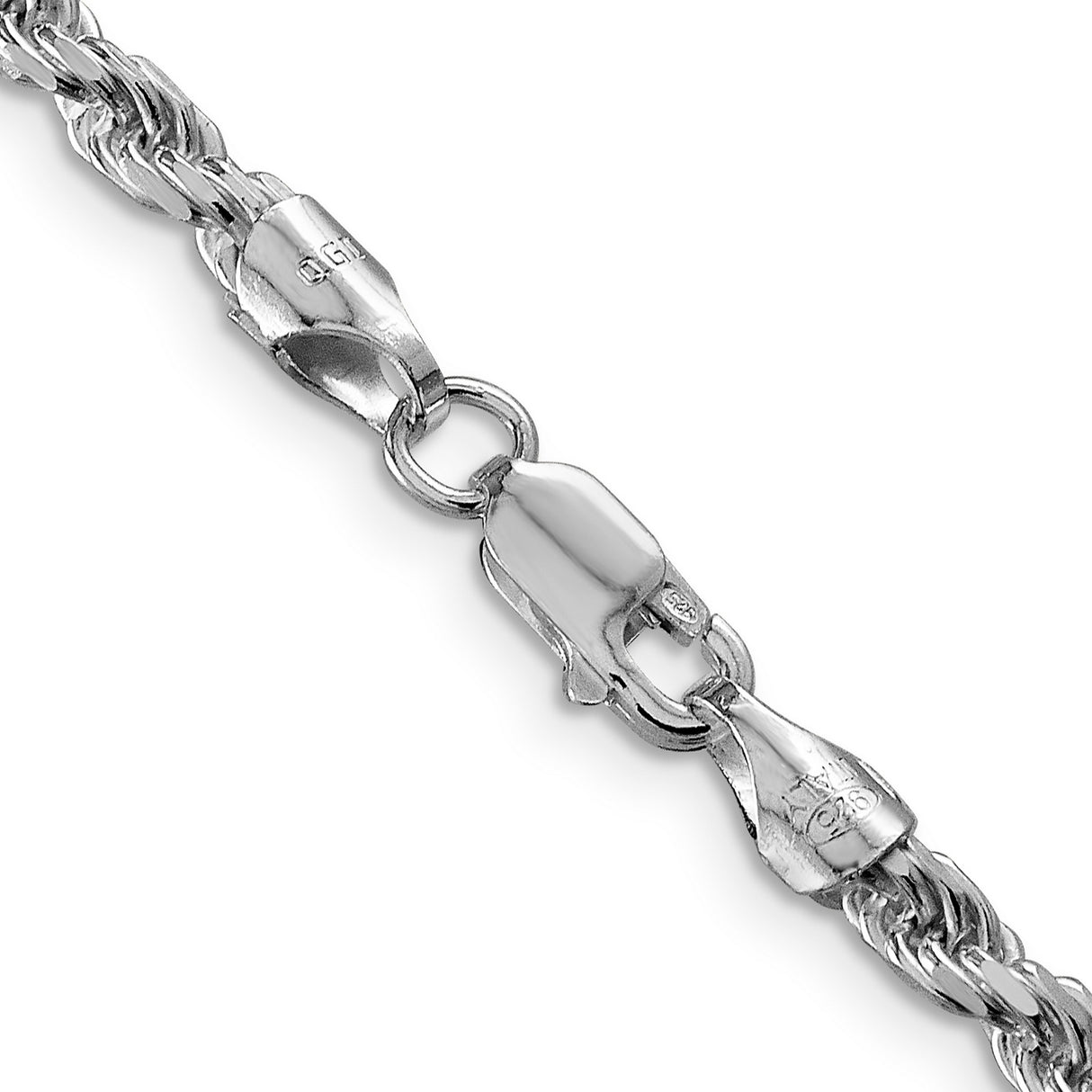925 White Gold 3.75 mm Rope Chain Necklace, Polished alternate angle
