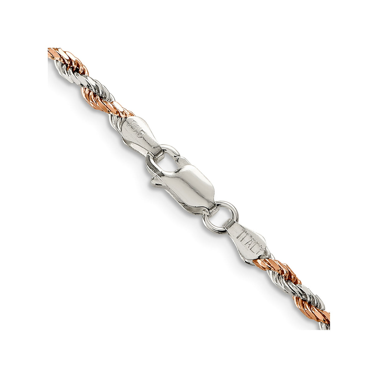 925 White Gold 2.5 mm Rope Chain Necklace, Polished alternate angle