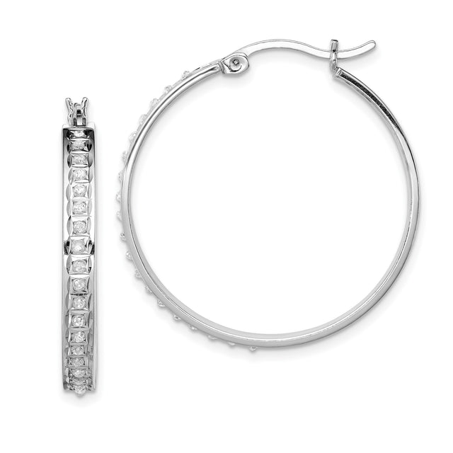 Sterling Silver Hoop Earrings with Diamond Mystique, Channel Set, Lightweight Modern Design