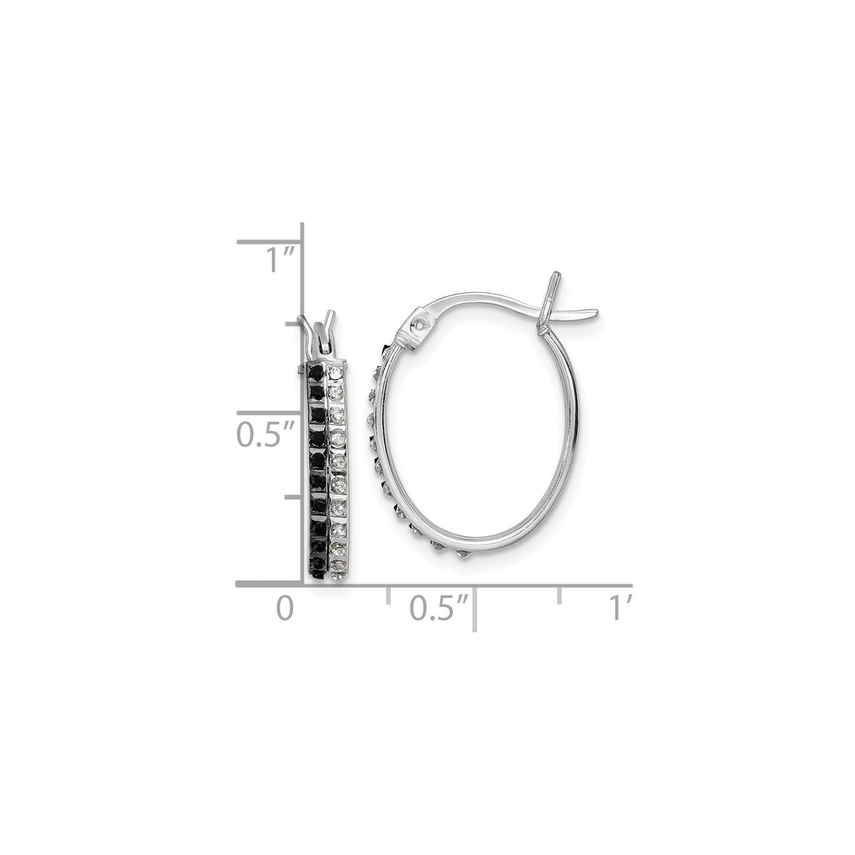 Sterling Silver Hoop Earrings with Alternating Black and White Cubic Zirconia, Oval Hinged Design