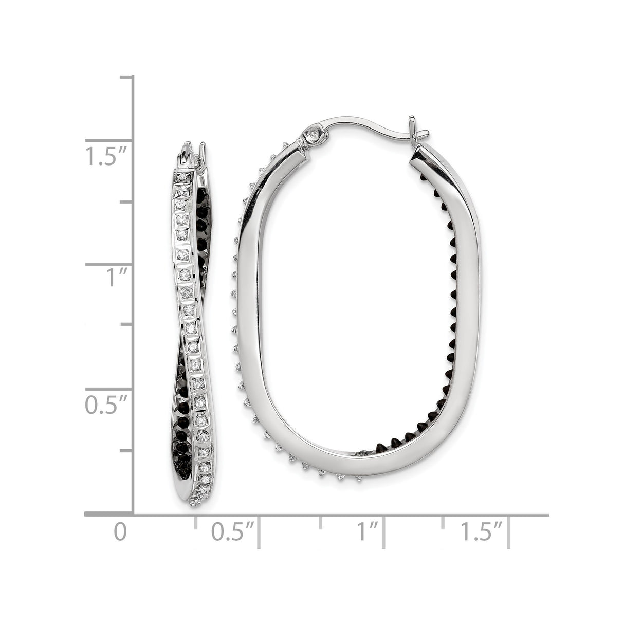 Sterling Silver Oval Hoop Earrings with Diamond Mystique, Twisted Design, Black and White CZ