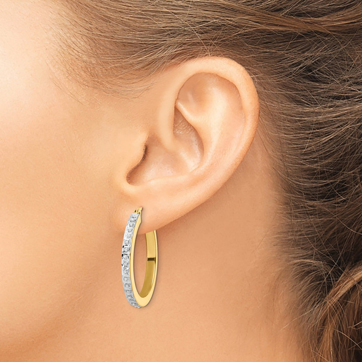 Sterling Silver Hoop Earrings with Diamond Mystique, Dual Tone Finish, Channel Set Stones