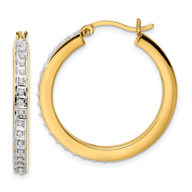Sterling Silver Hoop Earrings with Diamond Mystique, Dual Tone Finish, Channel Set Stones