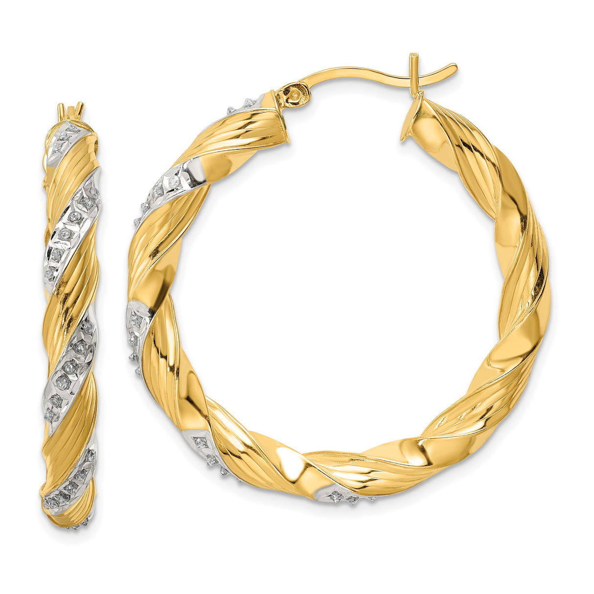 Sterling Silver Twisted Hoop Earrings with Diamond Mystique and Dual Tone Swirl Design